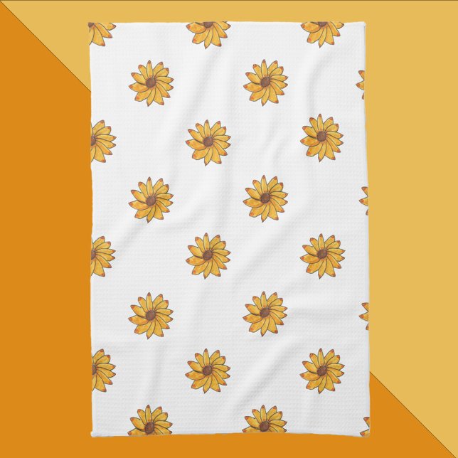 Flower Yellow Pattern Marker Kitchen Towel (A kitchen towel with a pattern of hand drawn yellow sunflowers.)