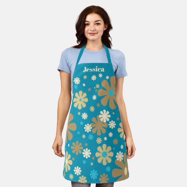 Flowerama Retro Floral Personalized Turquoise Apron (Worn)