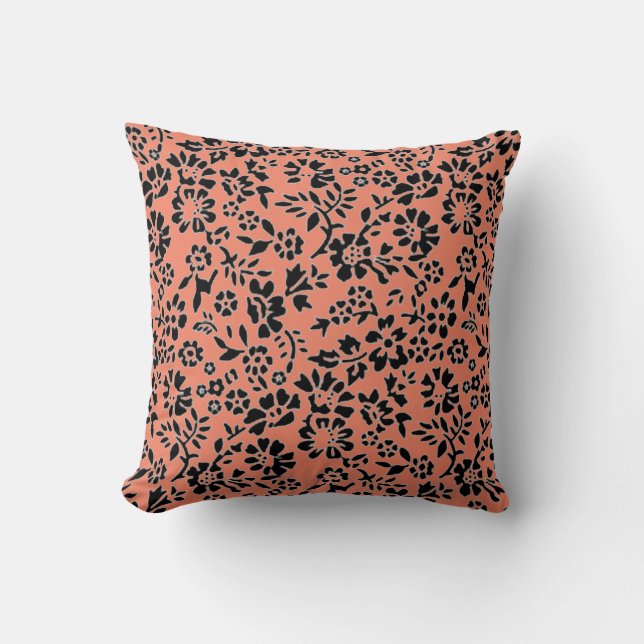 Flowered black/salmon throw pillow. throw pillow (Front)