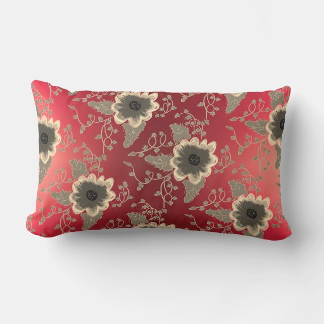 Flowered Brown and Cream Lumbar Pillow (Front)