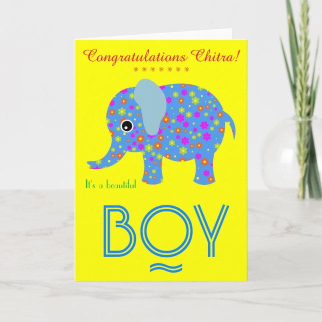 Flowered-Elephant Congratulations New Baby Card (Front)