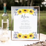 Flowerfields Menu Sign<br><div class="desc">Charming rustic wedding menu sign displays your dinner selections in chic handwritten calligraphy and classic serif lettering. Adorned with borders of yellow watercolor sunflowers and navy blue wildflower buds that match our country chic Flowerfields wedding collection.</div>