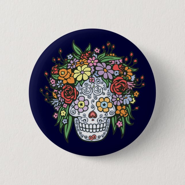 Flowerhair Sugar Skull 2 Inch Round Button (Front)