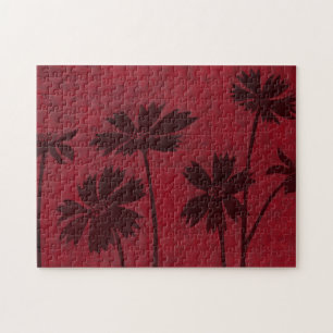 Flowerhead Silhouettes on Crimson Background Jigsaw Puzzle