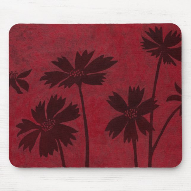 Flowerhead Silhouettes on Crimson Background Mouse Pad (Front)