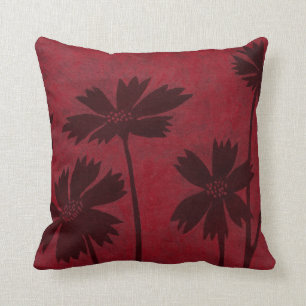 Flowerhead Silhouettes on Crimson Background Throw Pillow