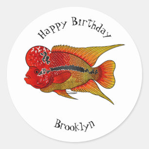 Flowerhorn cichlid fish cartoon illustration classic round sticker