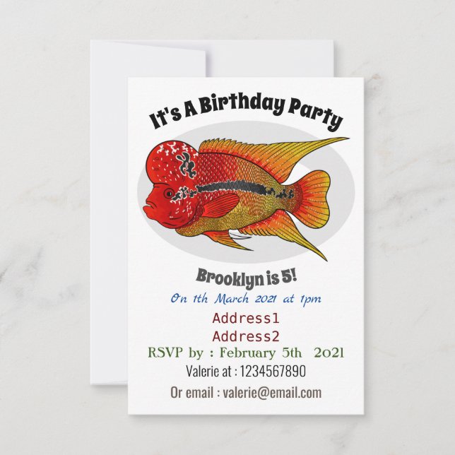 Flowerhorn cichlid fish cartoon illustration invitation (Front)