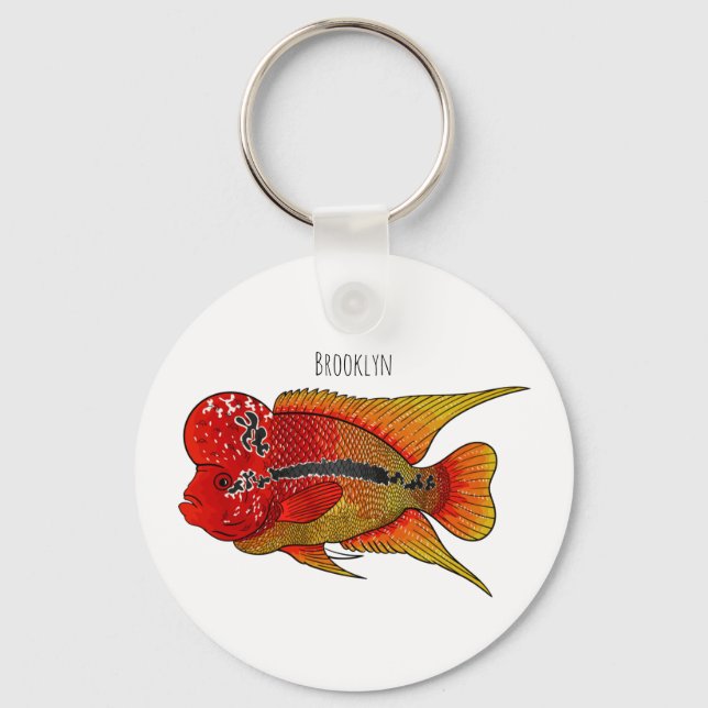 Flowerhorn cichlid fish cartoon illustration  keychain (Front)