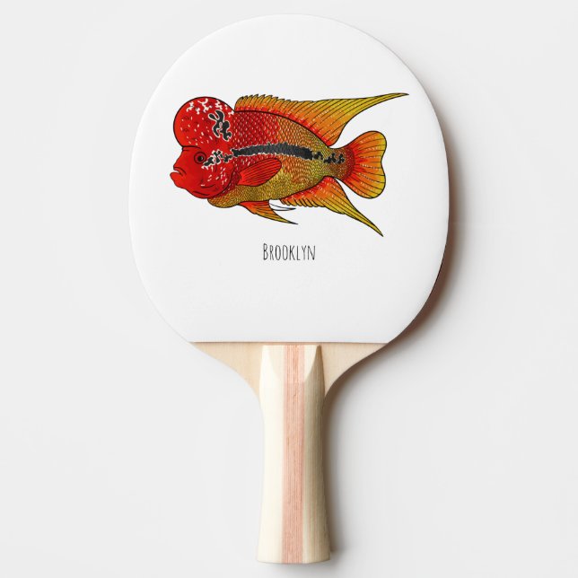 Flowerhorn cichlid fish cartoon illustration ping pong paddle (Front)