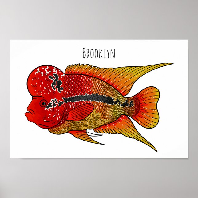 Flowerhorn cichlid fish cartoon illustration poster (Front)