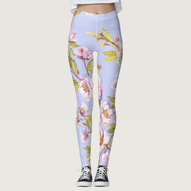 Flowering Apple Cherry Watercolor Pattern Leggings (Front)