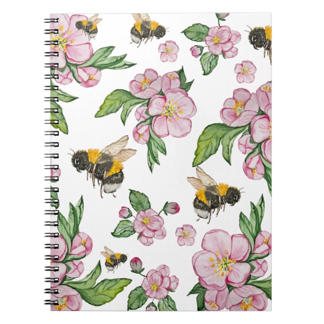 Flowering apple orchard with bees watercolor drawi notebook (Front)