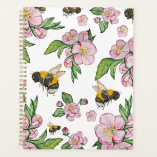 Flowering apple orchard with bees watercolor drawi planner