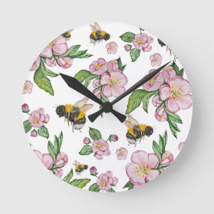 Flowering apple orchard with bees watercolor drawi round clock