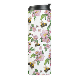 Flowering apple orchard with bees watercolor drawi thermal tumbler