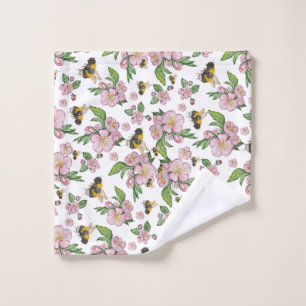 Flowering apple orchard with bees watercolor drawi wash cloth