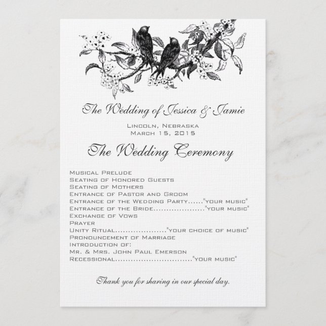 Flowering Branch Vintage Love Bird Wedding Program (Front)