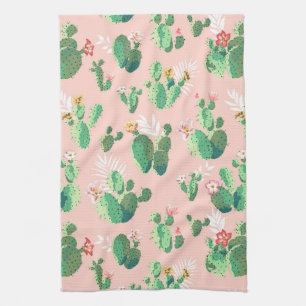 Flowering Cactus On Pink Background Kitchen Towel