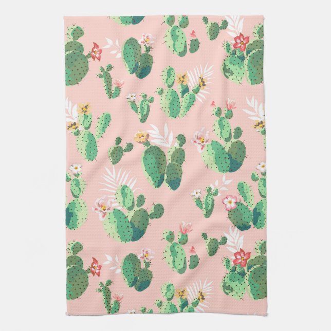 Flowering Cactus On Pink Background Kitchen Towel (Vertical)