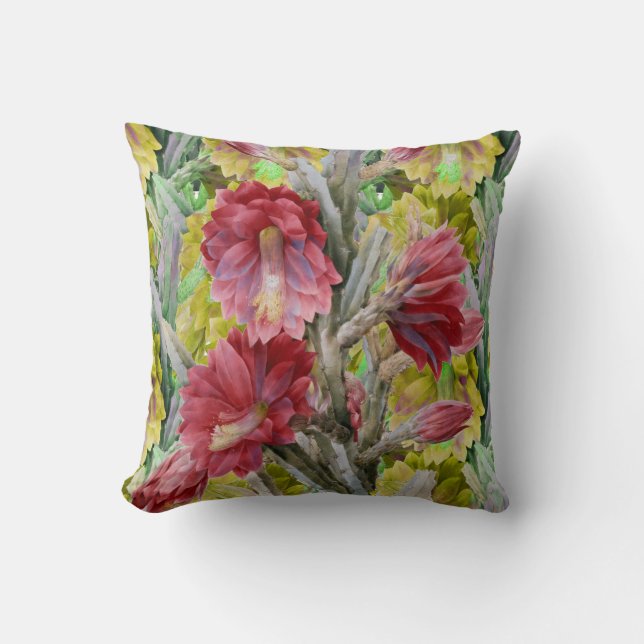 FLOWERING CACTUS ,RED PINK YELLOW FLOWERS  Floral Throw Pillow (Front)