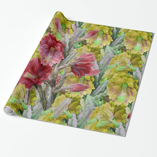 FLOWERING CACTUS ,RED PINK YELLOW FLOWERS  Floral Wrapping Paper (Unrolled)