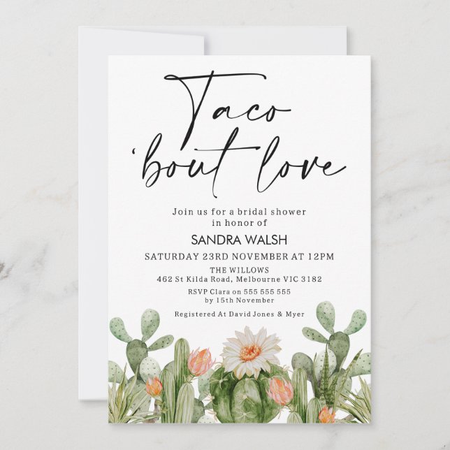 Flowering Cactus Taco 'bout Love Bridal Shower Invitation (Front)