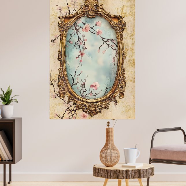 flowering Japanese peach branches and antique text Poster (Living Room 3)