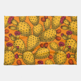 Flowering opuntia in yellow kitchen towel