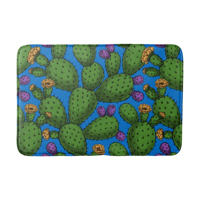 Flowering opuntia on blue bath mat (Front)