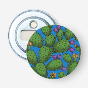 Flowering opuntia on blue bottle opener