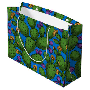 Flowering opuntia on blue large gift bag