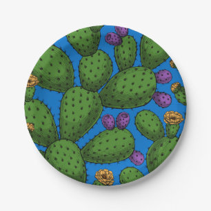 Flowering opuntia on blue paper plate