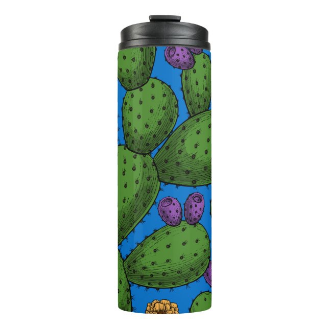 Flowering opuntia on blue thermal tumbler (Front)