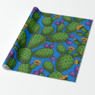 Flowering opuntia on blue wrapping paper