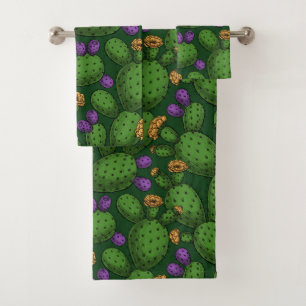 Flowering opuntia on dark green bath towel set