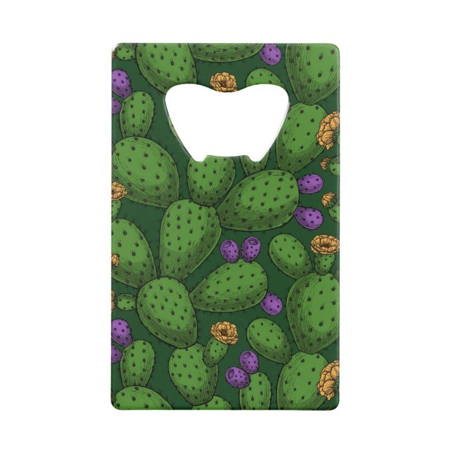 Flowering opuntia on dark green credit card bottle opener (Front)