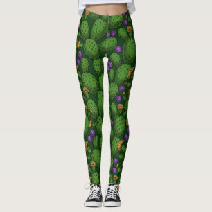 Flowering opuntia on dark green leggings