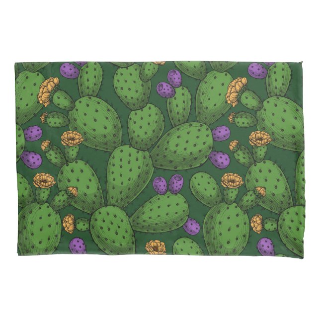 Flowering opuntia on dark green pillowcase (Front-Left)