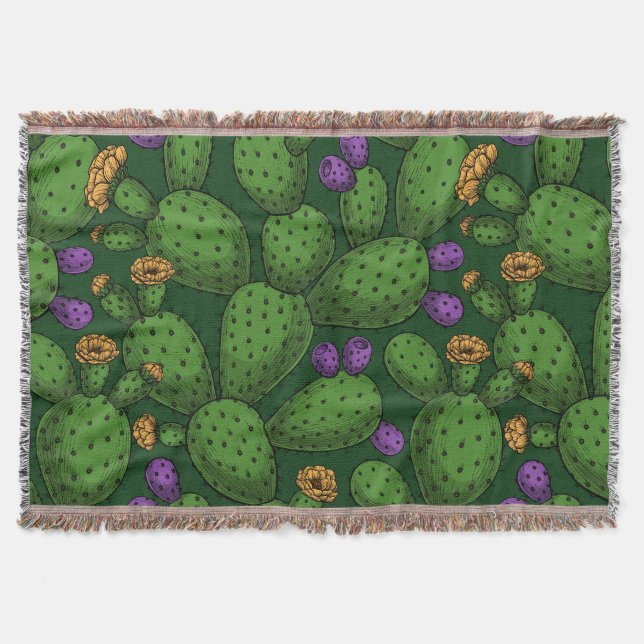 Flowering opuntia on dark green throw blanket (Front)