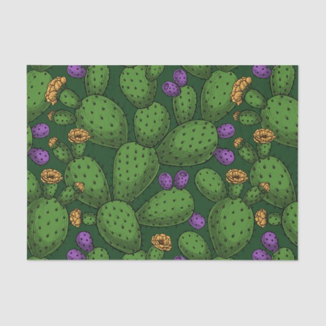 Flowering opuntia on dark green tissue paper (Front)