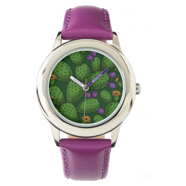 Flowering opuntia on dark green watch (Front)