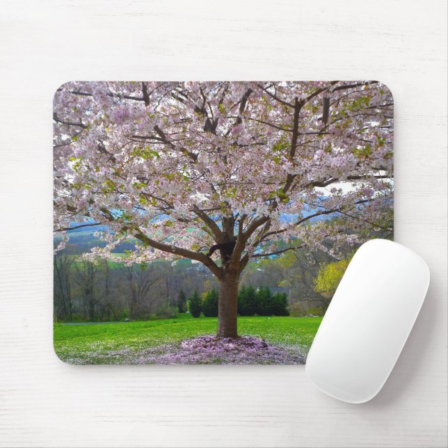 Flowering Pink Cherry Blossom Tree with Woods Mouse Pad (With Mouse)