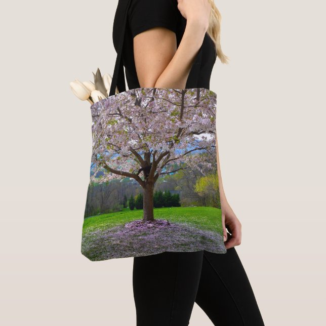 Flowering Pink Cherry Blossom Tree with Woods Tote Bag (Close Up)