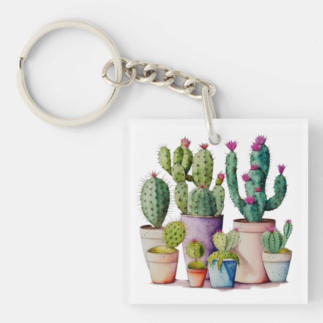 Flowering pink desert cactus succulents in pots keychain (Front)