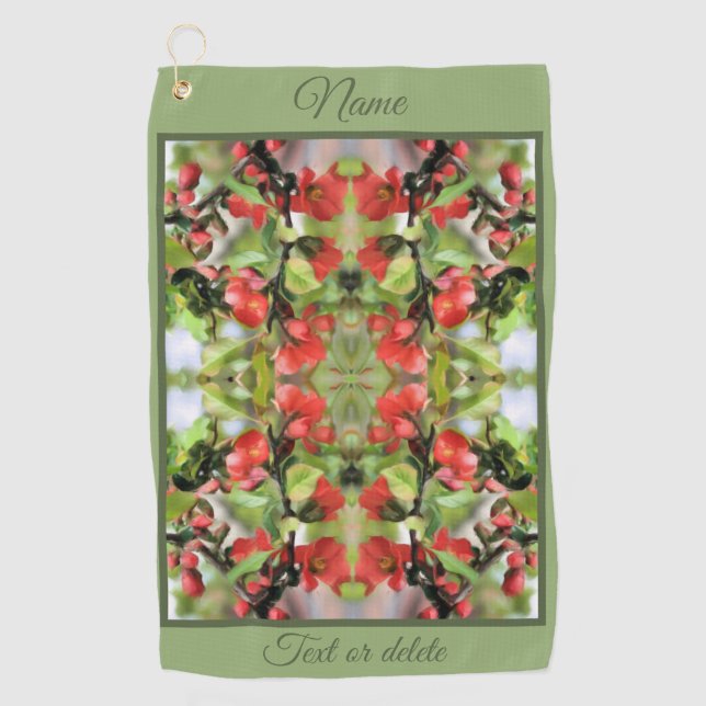 Flowering Quince Red Blossom Abstract Personalized Golf Towel (Front)
