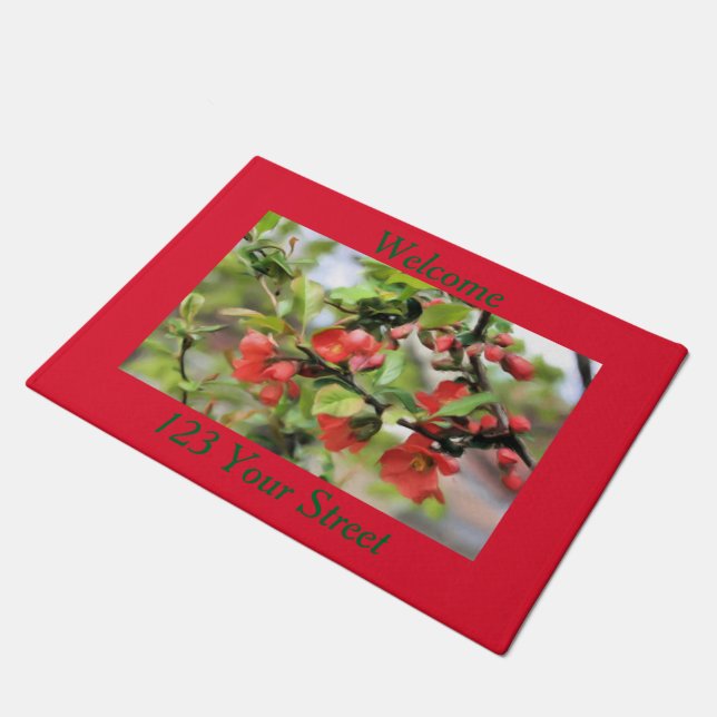 Flowering Quince Red Blossoms Welcome Doormat (Angled)