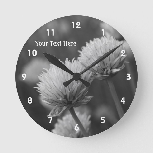 Flowering Scallions In Black And White Round Clock (Front)