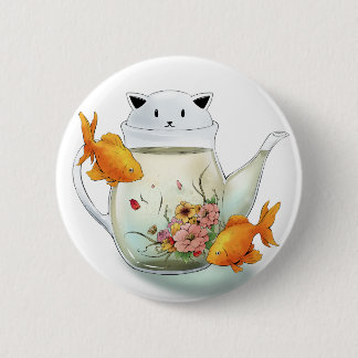 Flowering Tea in a Cat Teapot and Goldfish 2 Inch Round Button