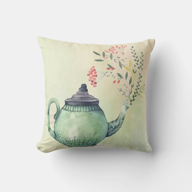 Flowering Teapot Watercolor Throw Pillow (Front)